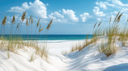 White sandy dunes adjacent to a vibrant turquoise sea High quality image