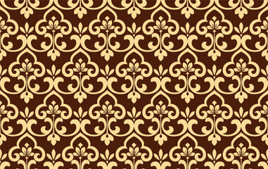 Flower geometric pattern. Seamless vector background. Golden and dark brown ornament. Ornament for fabric, wallpaper, packaging. Decorative print