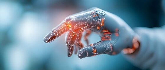 Conceptual of a futuristic robotic hand seamlessly integrating with innovative digital healthcare technology data management tools and advanced medical devices