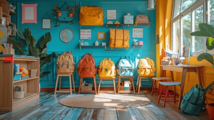 Fototapeta premium Interior of stylish empty classroom with backpacks and stationery