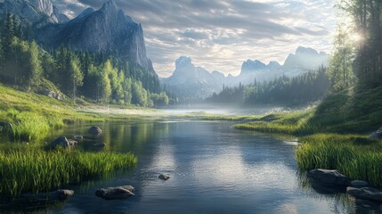 Naklejka premium A serene landscape featuring mountain, a river, and lush greenery under a cloudy sky.