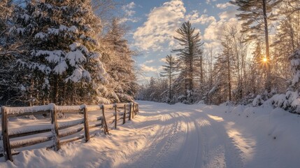 Winter scene featuring snow covered trees and a fence lining a road blanketed in deep snow