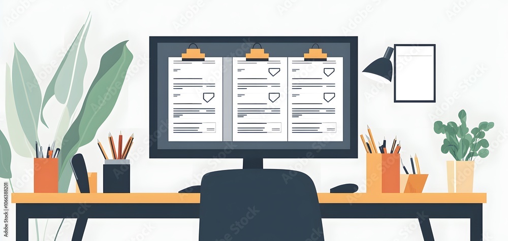 Poster modern workspace with a computer, task list, and office supplies, perfect for productivity and organ