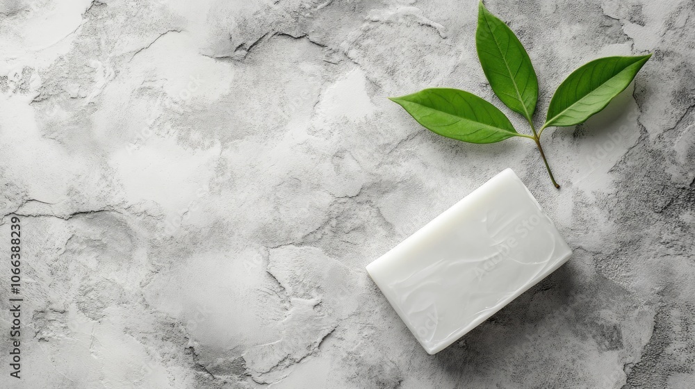 Poster white soap on a stone background with a leaf mockup designed for logo and text placement