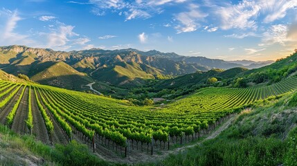 Vineyards nestled within impressive green hills and mountains offering a panoramic perspective isolated image