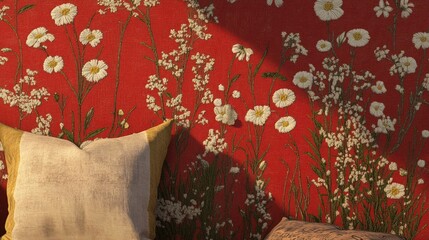 Vintage floral wallpaper featuring embroidered wildflowers against a red vignette background showcasing a nostalgic retro design