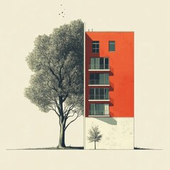 a minimal illustration of a half building, half tree 
