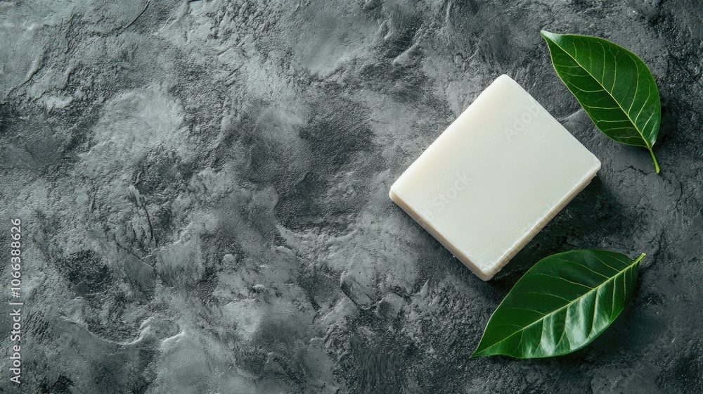 Poster white soap on a stone background with a leaf mockup designed for logo and text placement