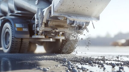 A concrete pouring truck in action, close-up of the pouring process 