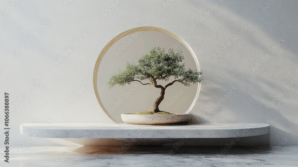 Poster a small bonsai tree sits on a white marble shelf in front of a circular window.