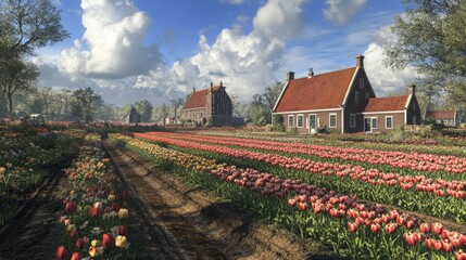 Colorful Tulip Fields Dutch Farmhouses Spring Landscape