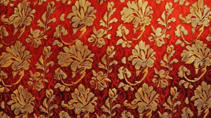 Vintage brocade fabric texture in red and gold hues