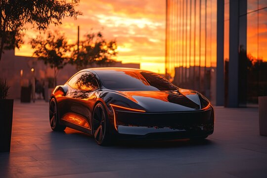 Sleek Electric Car in Urban Sunset Scene