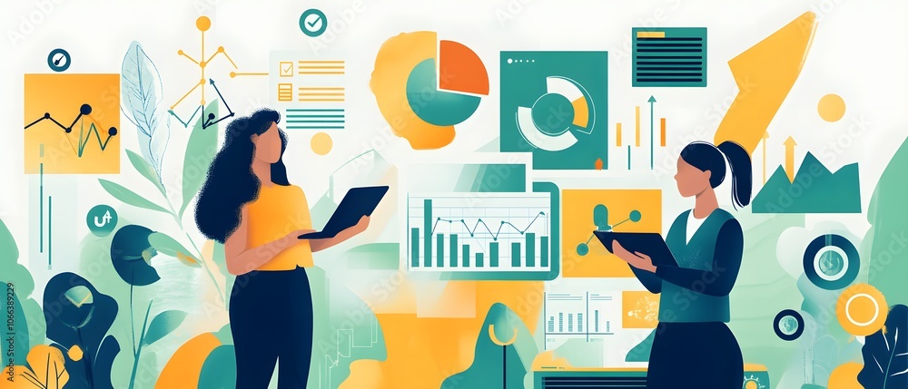 Poster women analyzing data and collaborating on business insights using digital devices in a modern worksp