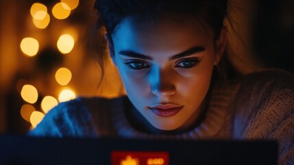 A woman is looking at a computer screen with a red timer on it