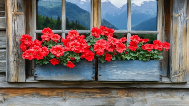 Fototapeta Red Flowers in Window Box Mountain View Rustic Cabin