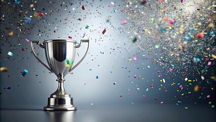 Silver trophy with confetti falling around it , celebration, award, victory, achievement, success, competition, first place