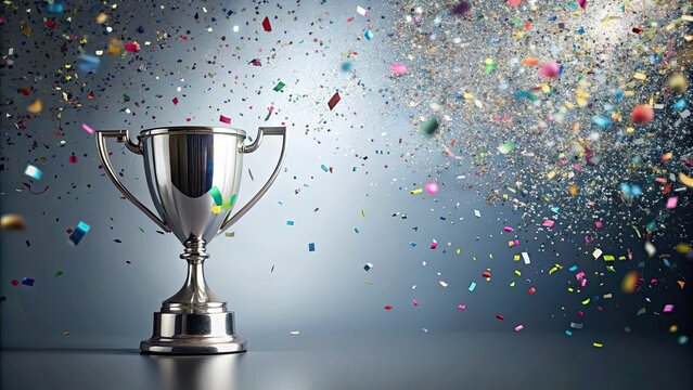 Silver trophy with confetti falling around it , celebration, award, victory, achievement, success, competition, first place