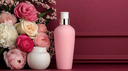 Delicate Floral Arrangement with Elegant Cosmetics Bottle