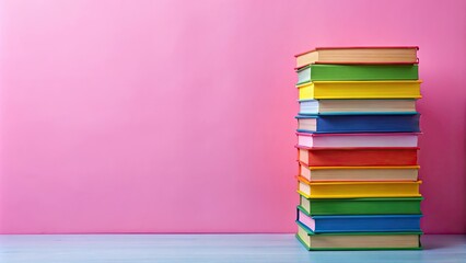 Fototapeta premium Stack of colorful books with LGBTQ+ themes on pink background, LGBTQ+, colorful, diverse, inclusive, literature, education