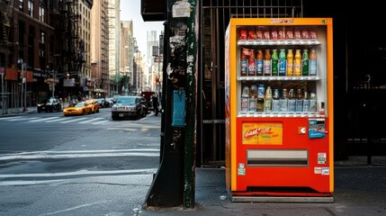 A colorful soda vending machine, stocked with various fizzy drinks, standing in a busy urban street corner.
