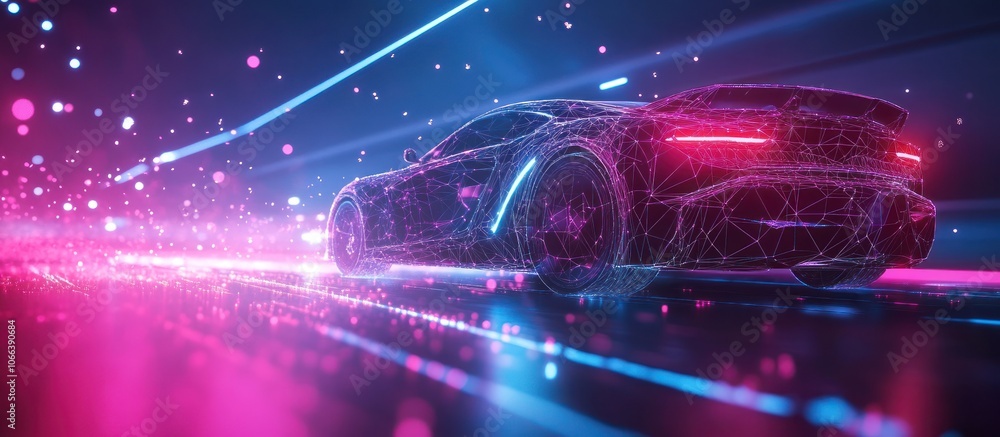 Poster futuristic rally car in motion with neon fast lines and particles. technological concept of high spe