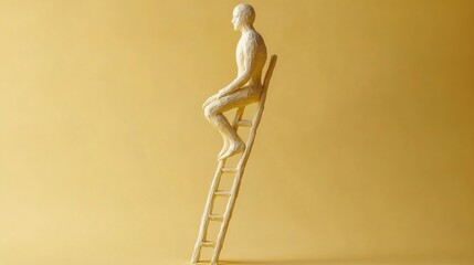 AI-designed clay human figure ascending toward wealth on a tall ladder, a representation of ambition and financial success