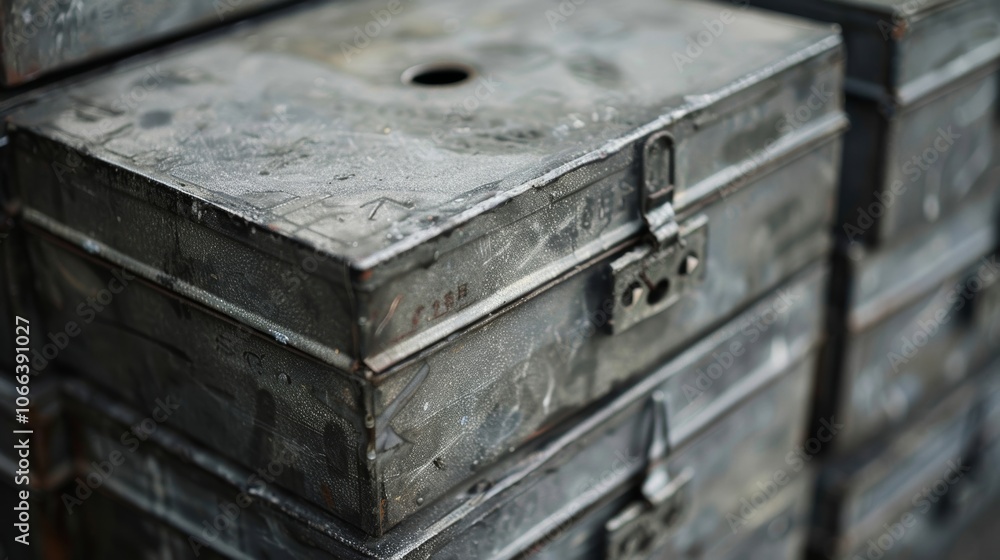 Poster weathered metal boxes stacked, showing wear and tear with peeling paint and rust, creating a texture