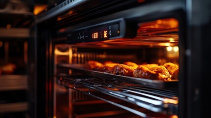 Close-up of a digital temperature sensor inside a commercial oven, precision cooking, food technology