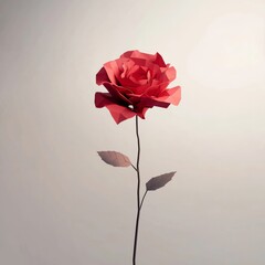 3D Render, Low Poly style of a rose with vibrant red petals, on isolated white background