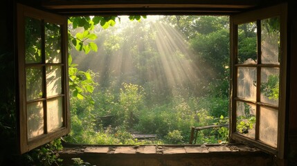 Sunlight streams through a rustic window, illuminating a lush green garden.