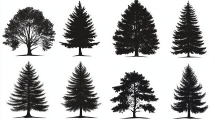 Obraz premium Eight Black Silhouettes of Diverse Trees Nature Forest Ecology Botany Design