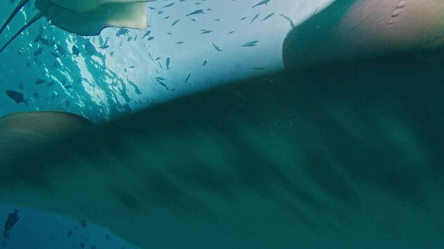 Couple snorkeling and freediving with stingrays in the sea