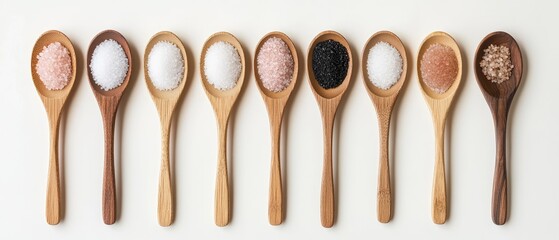 A Set of Wooden Spoons with Varieties of Colorful Salts Displayed Neatly, Highlighting Textures, Colors, and Rustic Culinary Ingredients for Gourmet Cooking
