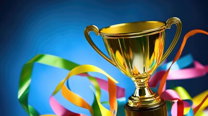 Golden Trophy with Colorful Streamers Celebrating Success and Achievement in Business and Competition
