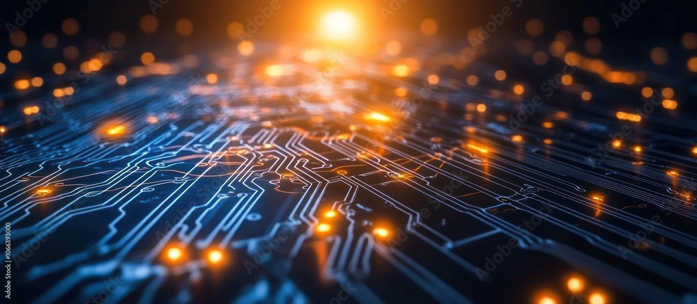 Poster chip and circuit board on technology background. brightly glowing pixels on a semiconductor surface