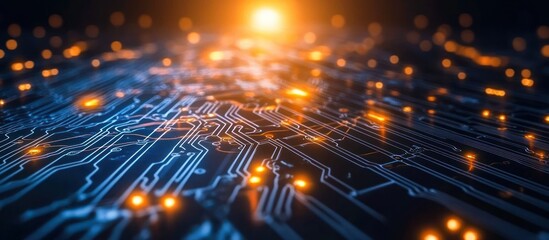 Fototapeta premium chip and circuit board on technology background. Brightly glowing pixels on a semiconductor surface