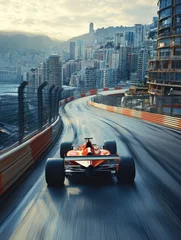  Red Formula 1 car racing through a scenic urban track at sunset, high-speed action and cinematic cityscape © jodoto