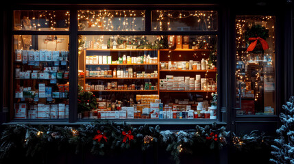 Festive Christmas pharmacy window display with holiday decorations and twinkling lights. Happy New Year. Cozy Christmas atmosphere