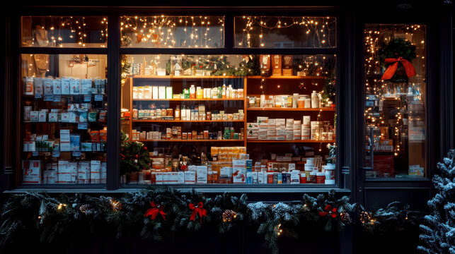 Festive Christmas pharmacy window display with holiday decorations and twinkling lights. Happy New Year. Cozy Christmas atmosphere