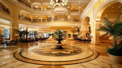 Obraz premium Elegant hotel lobby featuring ornate architecture, marble floors, and lush greenery.
