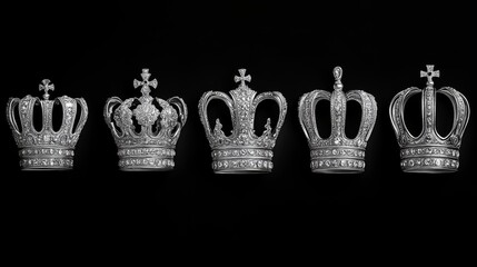 Five Silver Jeweled Crowns Royalty Power Success Wealth Luxury Black Background