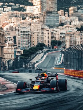 Formula 1 car navigating a challenging urban circuit with stunning cityscape backdrop, high-speed action