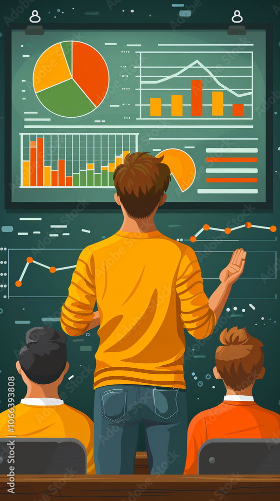 Poster person delivers an engaging presentation while analyzing data trends and insights in a professional 