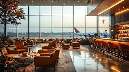 Airport Lounge Interior with Large Window and Airplane View