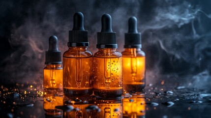 Amber Glass Bottles Essential Oils Dropper Bottles Dark Background Smoke Liquid Wellness Spa