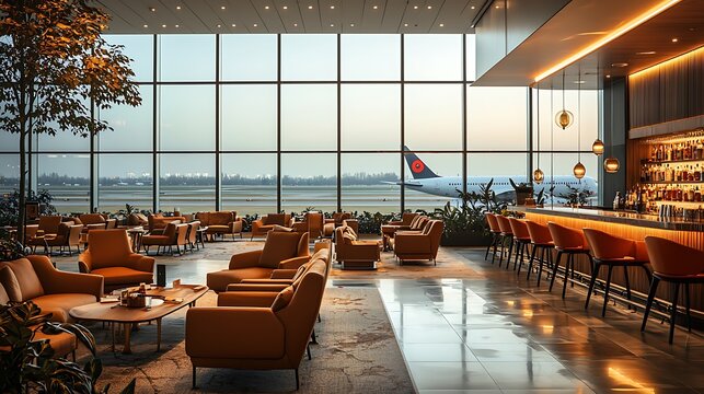 Airport Lounge Interior with Large Window and Airplane View