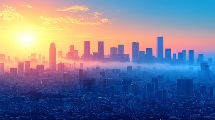 Fototapeta premium City Skyline Under Smoggy Sunset Glow