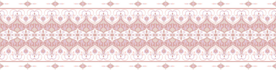 Pastel colors, seamless abstract pattern, vintage flowers, red tones, antique classic fabric border.