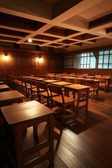 Empty High School Classroom with Vintage Wooden Desks and Back-to-School Atmosphere